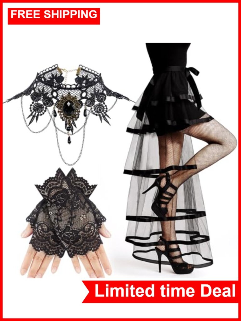 Gothic Lace Steampunk Costume Set Bustle Skirt Gloves Choker Halloween